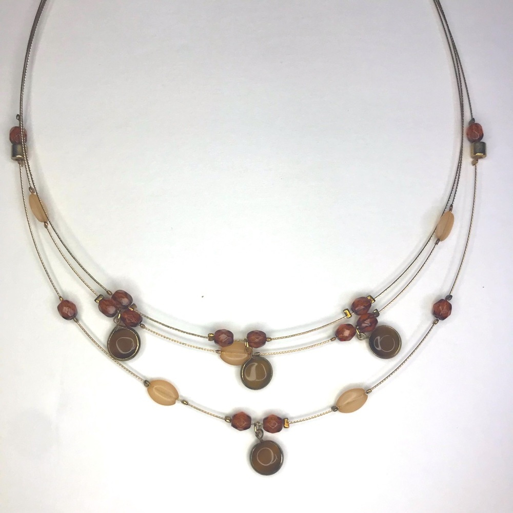 3 strand gold wire fall colored beaded necklace